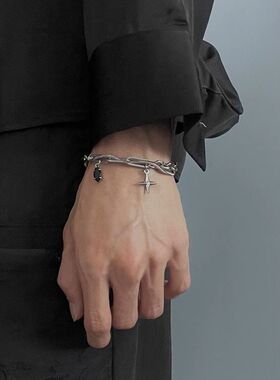 十字架星芒钛钢手链男女黑宝石双层缠绕手环手串手镯手饰配饰
