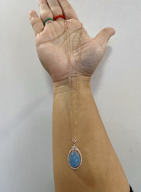 新中式国风原创设计天然海蓝宝水晶吊坠镶嵌玫瑰金锁骨链项链女