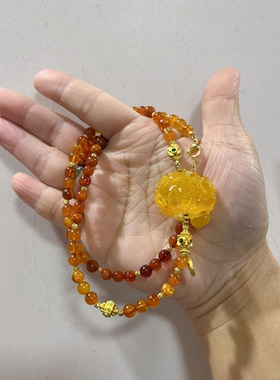 新中式国风原创设计天然金珀花牌吊坠金绞蜜血珀多宝锁骨链项链