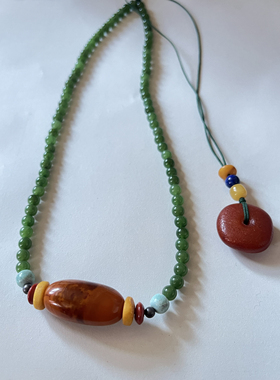 新中式国风原创天然蜜蜡桶珠老蜡平安扣和田玉碧玉项链锁骨链