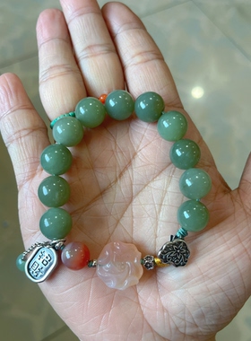 新中式国风原创设计天然和田玉青玉珠串盐源玫瑰花老银手串手链