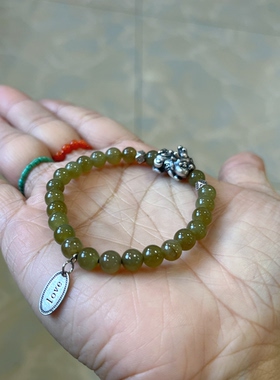 新中式国风原创设计天然和田玉新疆且末糖青玉老银貔貅手串手链