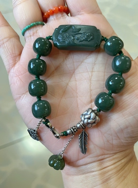 新中式国风原创设计天然和田玉青玉花牌手牌老型珠串老银手串手链