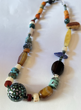 原创设计藏式天然大漆珠绿松南红玛瑙蜜蜡多宝项链锁骨链