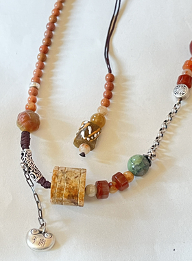 新中式国风原创天然黄翡桶珠绿松南红老银项链毛衣链