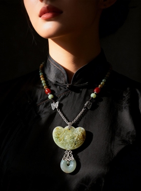 新中式国风原创天然翡翠复古锁牌平安扣珠串老银项链锁骨链毛衣链