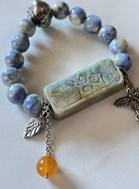 新中式国风原创天然翡翠方牌蓝晶石水晶珠蜜蜡复古老银链手串手链