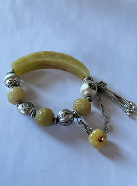 新中式国风原创天然黄翡翠复古半镯雕刻珠串老银流苏手串手链女款