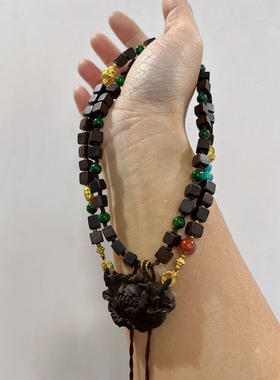 新中式国风原创设计天然达拉干沉香牡丹花吊坠方块多宝项链毛衣链