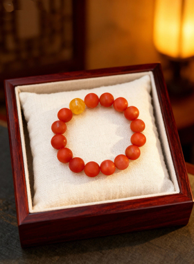 新中式国风原创天然保山南红玛瑙柿子红川料蜜蜡手串手链女单圈