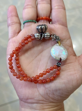 新中式国风原创天然保山南红玛瑙巴洛克珍珠复古老银编绳手链手串