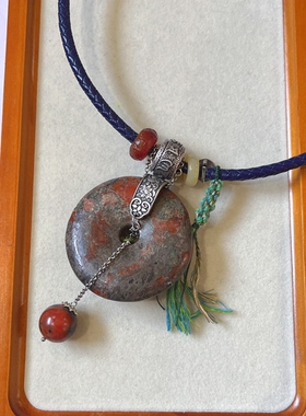 新中式国风原创设计天然保山南红铁皮包浆平安扣吊坠牛皮绳项链