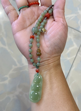 新中式国风原创设计天然和田玉豆荚吊坠珠串手工编绳项链