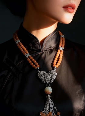 新中式国风原创天然南红玛瑙复古银锁翡翠流苏毛衣链项链