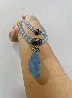 新中式国风原创设计天然海蓝宝水晶金蟾吊坠复古老银桶珠长项链女