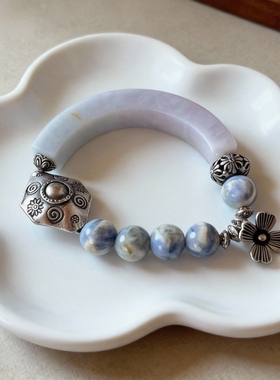 新中式国风原创天然翡翠半镯蓝晶石水晶珠串老银珠手串手链女款