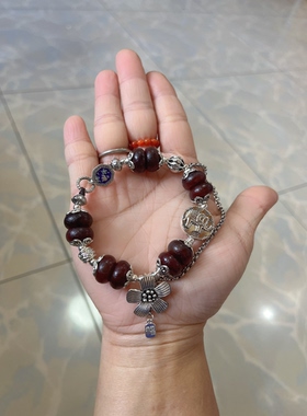 新中式国风原创设计天然高油老红玛瑙算盘珠老银手工编绳手串手链