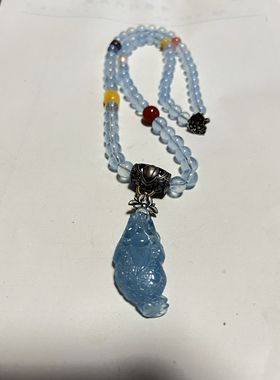 新中式国风原创设计天然海蓝宝水晶金蟾吊坠复古老银桶珠长项链女