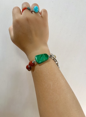 新中式国风原创天然原矿绿松石手牌南红老型星月菩提复古老银手链