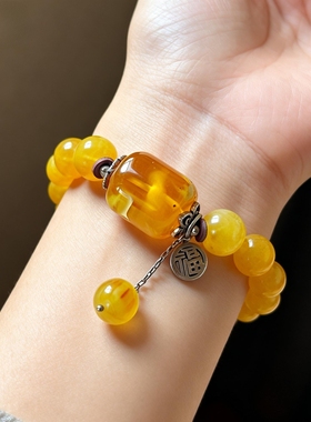 新中式国风原创设计天然蜜蜡金绞蜜桶珠珠串复古老银链手串手链