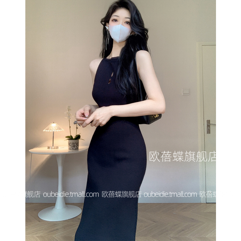 秋冬新品无袖毛衣裙女修身包臀辣妹装长款露肩马甲裙前镂空针织裙