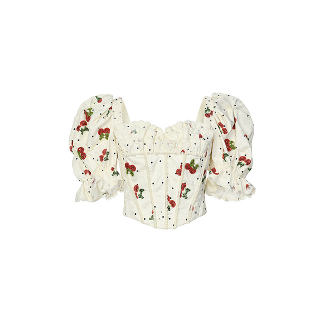 Lefame Lafayem Summer Cherry Beads Puff Sleeve Versatile Short Sleeve Printed Top for Little People