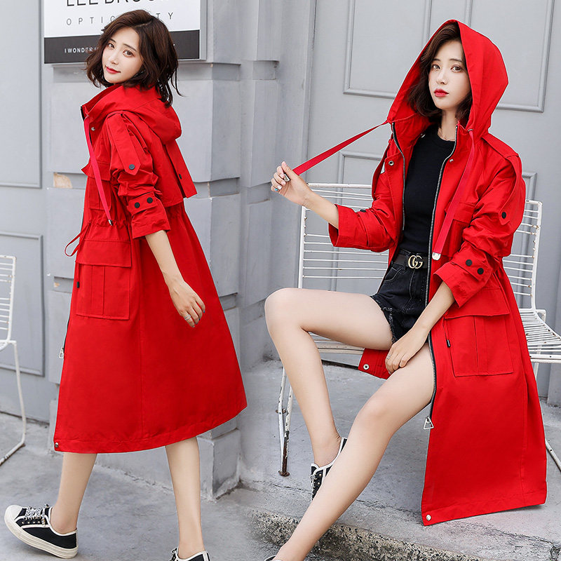 2020年流行新款秋天红色中长款风衣 含茜风衣