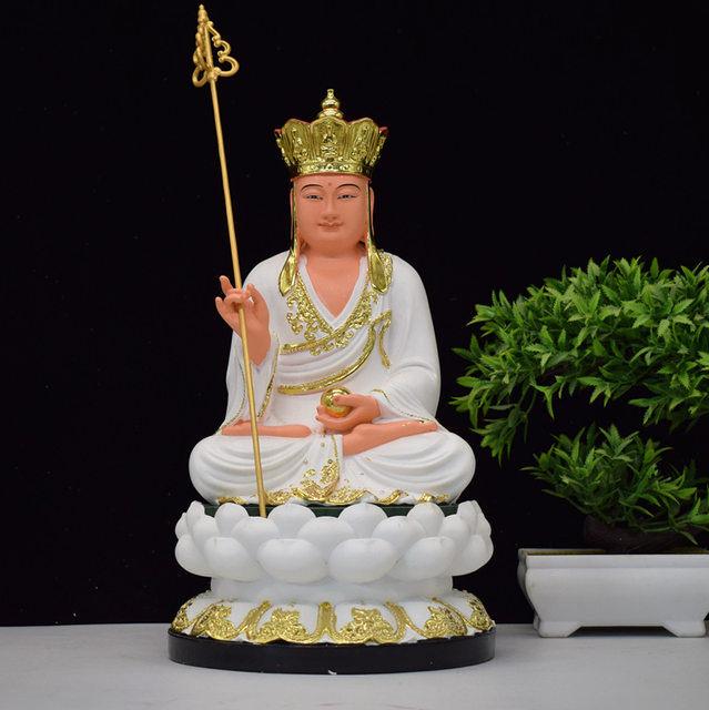 White resin statue of Sakyamuni Buddha, Ksitigarbha Bodhisattva and Maitreya Laughing Buddha