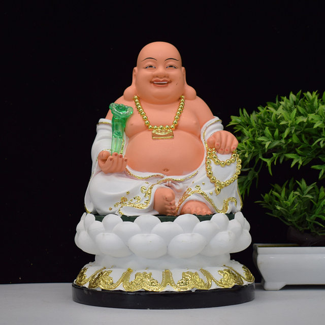 White resin statue of Sakyamuni Buddha, Ksitigarbha Bodhisattva and Maitreya Laughing Buddha