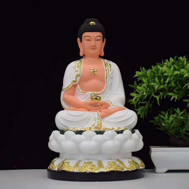 White resin statue of Sakyamuni Buddha, Ksitigarbha Bodhisattva and Maitreya Laughing Buddha