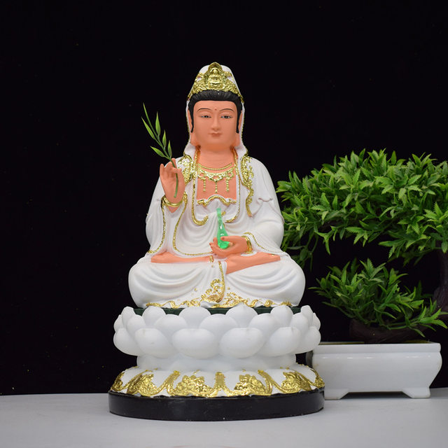 White resin statue of Sakyamuni Buddha, Ksitigarbha Bodhisattva and Maitreya Laughing Buddha