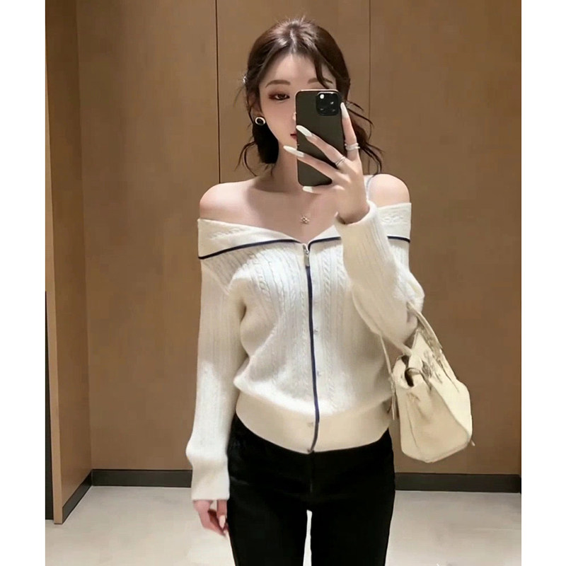 2026春秋新款开衫女一字肩拼色拉链针织韩系温柔性感百搭显瘦长袖,淘宝优惠券,粉丝福利购,淘宝优惠卷
