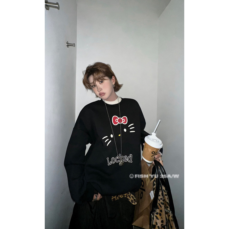 秋冬新款卫衣女2025圆领大头猫字母印花T恤中长款加绒情侣长袖潮,淘宝优惠券,粉丝福利购,淘宝优惠卷