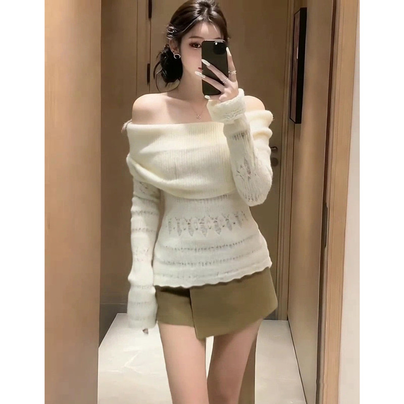 2026春秋新款针织打底衫女一字肩薄款镂空T恤修身性感显瘦长袖,淘宝优惠券,粉丝福利购,淘宝优惠卷