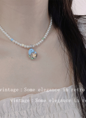 新款彩色恐龙吊坠珍珠项链女气质个性甜美高级感锁骨链钛钢手链潮