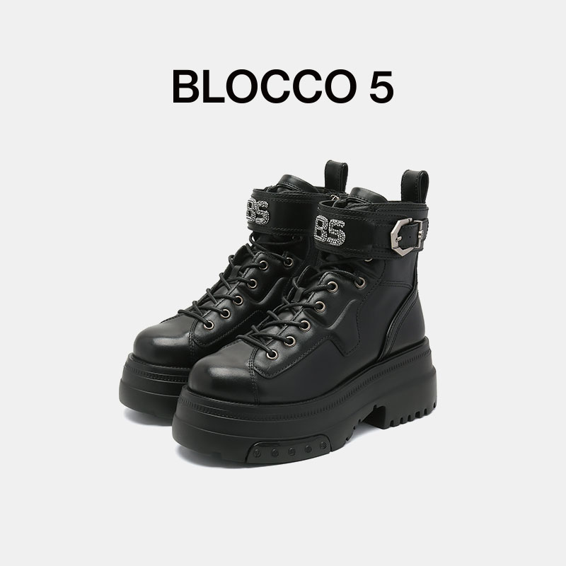 BLOCCO5女鞋秋冬女靴时尚ALL ROUND烫钻皮带扣马丁靴 - 图0