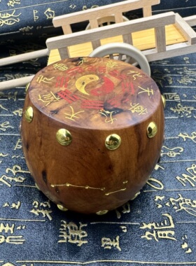 道天然雷击枣木摆件精雕小鼓木质把件盘玩九天应元雷声纯手工木鼓
