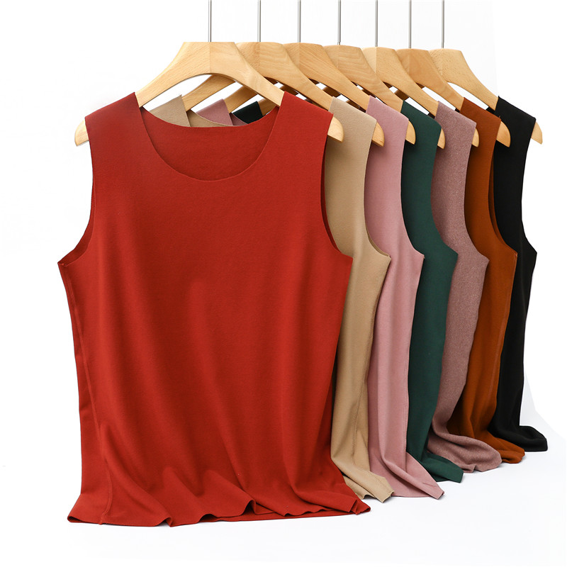 德绒背心女秋冬大码宽松圆领无袖t恤内搭加绒加厚磨毛发热打底衫 - 图0