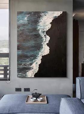 纯手绘肌理油画夜间大海黑色沙滩抽象轻奢客厅落地装饰画玄关挂画