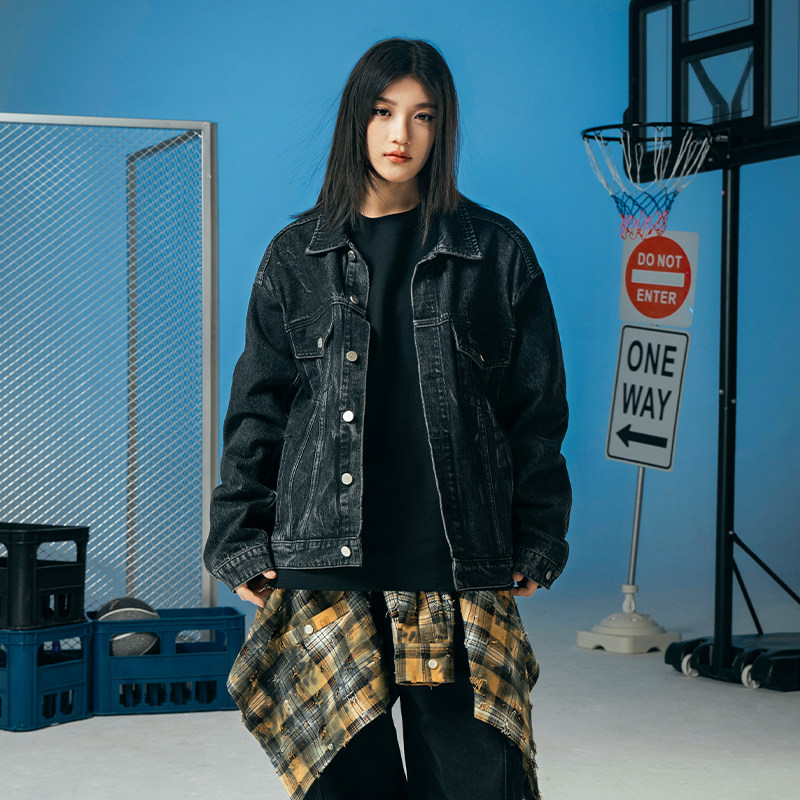 Makemore牛仔外套男重磅水洗复古压线美式街头宽松休闲黑色夹克女,淘宝优惠券,粉丝福利购,淘宝优惠卷