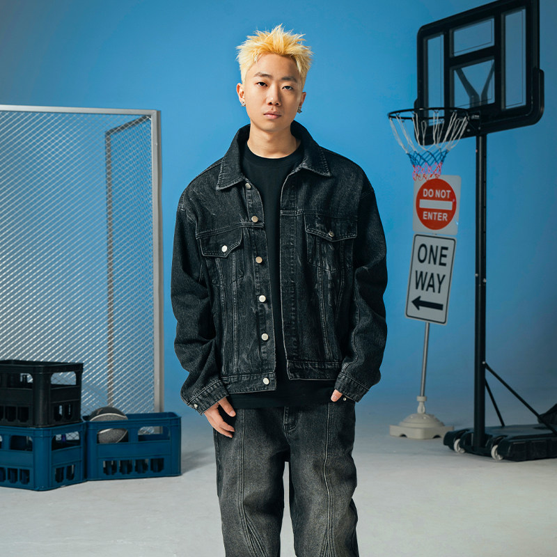 Makemore牛仔外套男重磅水洗复古压线美式街头宽松休闲黑色夹克女,淘宝优惠券,粉丝福利购,淘宝优惠卷