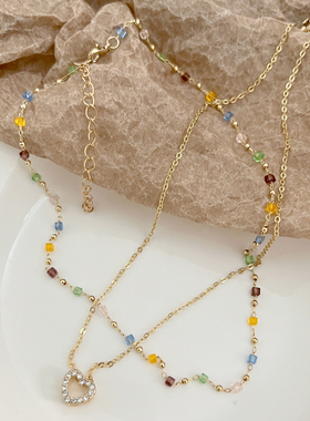 彩色碎石爱心叠戴多巴胺项链