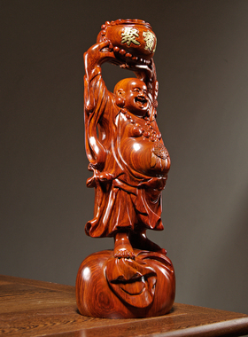 花梨实木雕刻弥勒佛像摆件聚宝盆笑佛红木家居客厅装饰红木工艺品