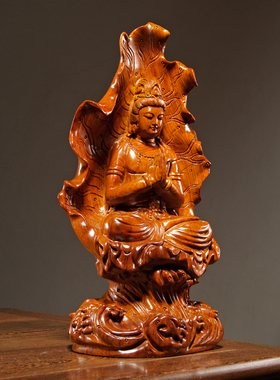 花梨木莲叶合掌观音摆件实木观音菩萨佛像家居客厅装饰红木工艺品