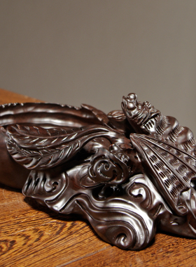 黑檀木雕蝙蝠烟灰缸摆件红木雕刻福到实木家居客厅摆设送礼工艺品