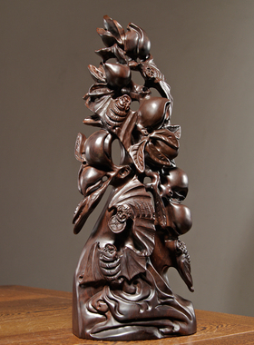 黑檀实木质雕刻五福临门葫芦摆件家居客厅玄关装饰红木工艺送礼品