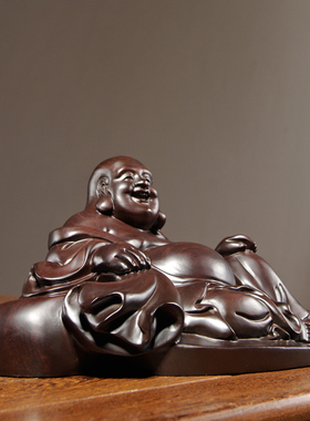 黑檀木雕坐笑弥勒佛像摆件实木质家居客厅电视柜装饰红木工艺礼品