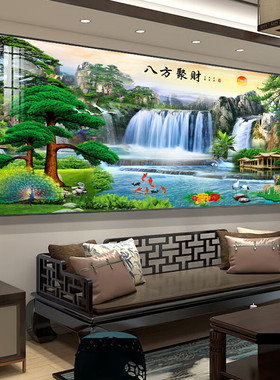 新中式迎客松山水挂画客厅聚宝盆流水生财装饰画沙发背景风景壁画