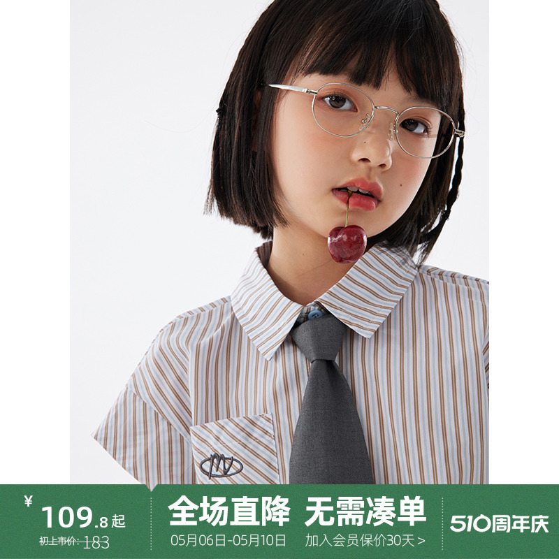 植木童装美式学院风撞色条纹领带女童衬衫中大童2024夏季新款儿童 - 图1