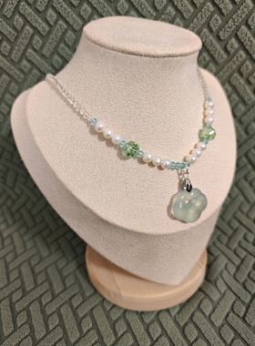 国风中式项链淡水珍珠玉髓祥云锁中长项链